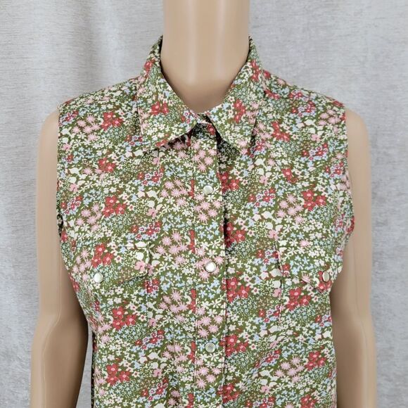 Wrangler Wrancher Shirts Green Floral Sleeveless Pearl Snap Shirt Top Blouse - Picture 2 of 8